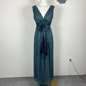 BCBGMAXAZRIA Dress Womens 4 Teal Metallic Pleated Beaded Satin Chiffon Maxi Gown